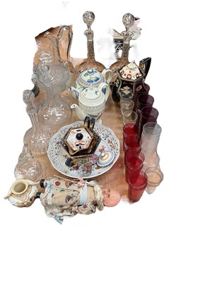 Lot 584 - Group of decanters, ruby glassware, teapots and sundries.