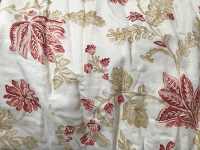 Lot 2138 - Two pairs of interlined curtains 'Madrigal Red' by Parkertex. Pinch pleat headings. One pair 170cms measured flat across the heading x 200cms length. Second pair 110cms across the heading x...