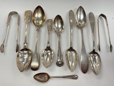 Lot 1022 - Pair of Victorian silver serving spoons, pair of Victorian silver tablespoons, three Behnke Prussian silver tablespoons, two pairs of silver sugar tongs and a Georgian silver teaspoon