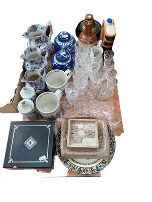 Lot 508 - Graduated set of three Victorian jugs, pair of prunus jars and covers, cut glass ware, Bernard Rooke wall panels and other items.