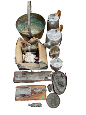 Lot 520 - Mamod stationary engine, piquot ware tea set, brass preserve pan and sundries