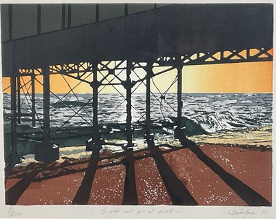 Lot 176 - Original screen print 'Brighton West Pier at sunset' by David House, signed 1981, 7/200, ebonised frame