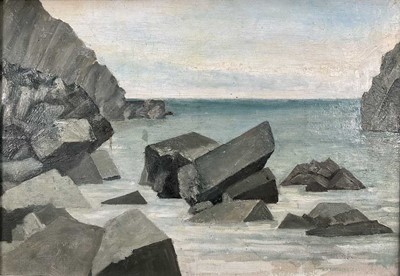 Lot 219 - Manner of James Fry, mid - 20th century, oil on canvas, a rocky beach cove, in period painted frame, 33.5cm x 48.5cm excluding frame