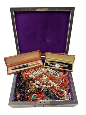 Lot 112 - Jewellery box containing vintage bead necklaces including amber, coral etc, 1920s 9ct gold cased wristwatch on plated bracelet