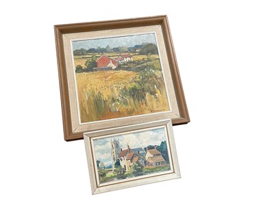 Lot 477 - Ken Cuthbert oil on board a field with cottage, together with an oil on board of an East Anglian church (2)