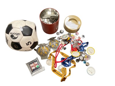 Lot 517 - Group of assorted pin badges, Ipswich Town signed football, London Marathon medals and sundries