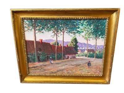 Lot 78 - Follower of Camille Pissarro, oil on canvas, figures in a French street, label verso