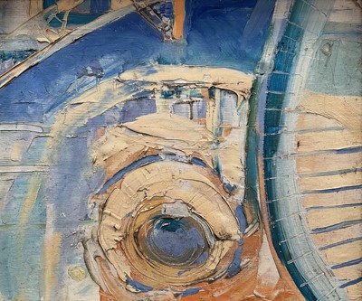 Lot 32 - 20th century abstract oil on board, probably 1960's, 37cm x 44cm, framed