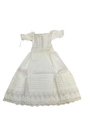 Lot 2090 - Lot of Victorian and Edwardian baby and children's clothing including cut-out work cropped bodice, heavy cotton and lace dress, Christening gown, white lawn embroidered coat with Irish crochet,...