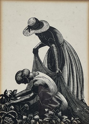 Lot 50 - Clare Leighton (1898-1989) wood engraving, Strawberry Picking, from Four Hedges (1935), 14cm x 10cm, glazed frame