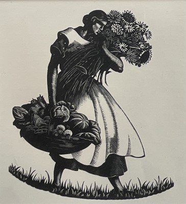 Lot 52 - Clare Leighton (1898-1989) wood engraving, Woman with Flowers, from Country Matters (1937), 13cm x 12cm, glazed frame