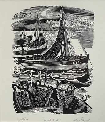 Lot 46 - John Scorror O'Connor (1913-2004) woodcut, Cockle boats, signed, 288/500, 19cm x 16cm, glazed frame