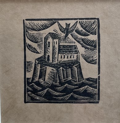Lot 54 - David Jones (1895-1974) wood engraving, The Church on the Rock, limited edition of 75, 6.5cm x 6.5cm, glazed frame