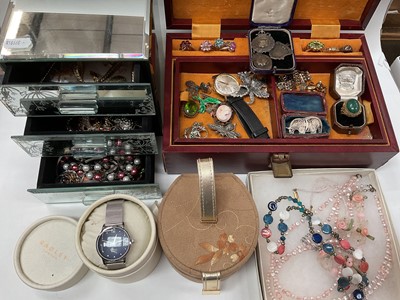 Lot 1038 - Two jewellery boxes containing silver gem set rings, three silver fobs, wristwatches and a quantity of costume jewellery
