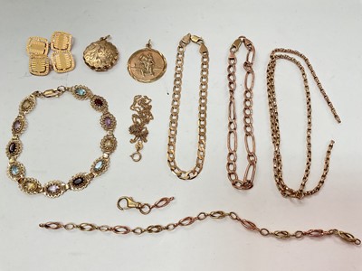 Lot 1034 - Group of 9ct gold and yellow metal chains, 9ct gold St. Christopher pendant, pair 9ct gold cufflinks, 9ct gold cased locket and 9ct gold gem set bracelet
