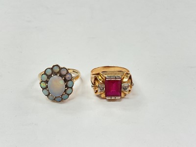 Lot 1036 - 9ct gold opal cluster ring and yellow metal (stamped 750) Odeonesque gem set ring (2)