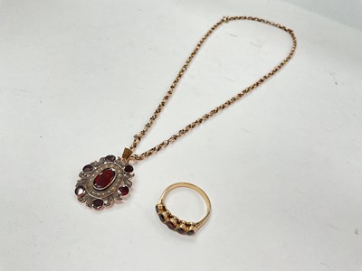 Lot 1037 - Georgian style 9ct gold flat cut garnet and seed pearl pendant on 9ct gold chain and 18ct gold garnet five stone ring