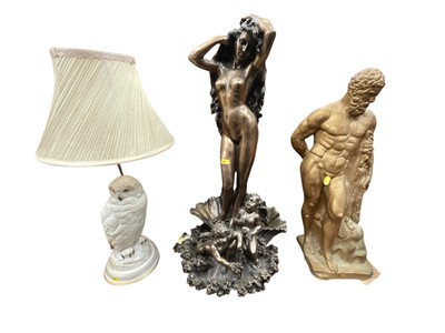 Lot 802 - Bronzed figure of a female nude, one other and a Franklin Mint 'Owl' table lamp (3)
