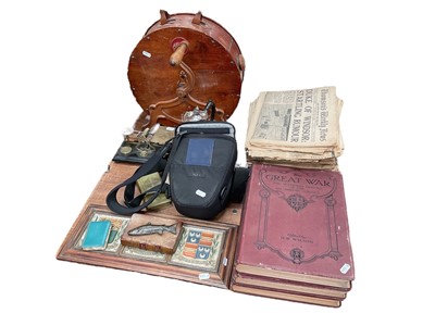 Lot 575 - Vintage knife polishing machine, set of Edwardian postal scales, wartime newspapers and books and sundry items