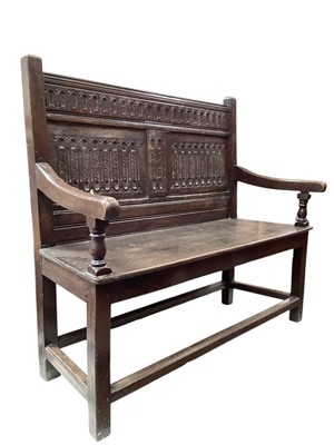 Lot 1200 - Antique carved oak hall bench, 120cm wide, 40.5cm deep, 104.5cm high