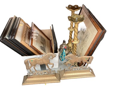 Lot 606 - Pair of antique brass horse door stops, gilt metal candlesticks, Turkish teapot and decorative prints