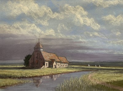 Lot 84 - Edmund Starling (20th Century, East Anglian) pastel - The Chapel on the Marshes, signed and dated '87, 25cm x 34cm, in glazed frame