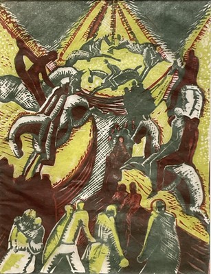 Lot 69 - Julia Mary Mavrogordato (1903-1992) wood cut print, figures and horses
