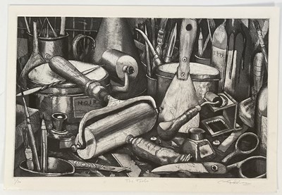 Lot 209 - Chris Plowman (1952-2009) signed limited edition print, 'The Tools' 1/30, 21.5cm x 34cm, unframed