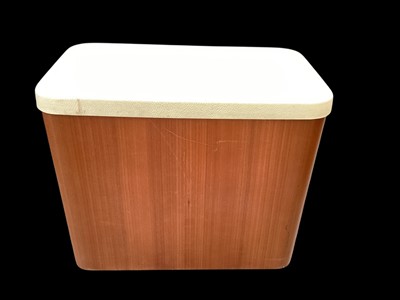 Lot 1221 - Mid century Schreiber Wood Industies bentwood storage/laundry box with lid, broad arrow stand to base, dated 1966, 52cm x 29cm x 44cm high