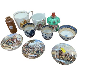 Lot 568 - Two 18th century Chinese blue and white coffee cups and one tea bowl, together with three pot lids and other china