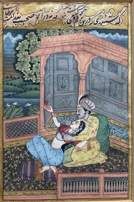 Lot 97 - Indian miniature painting of a couple in an interior, 11cm x 7cm, framed