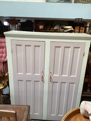 Lot 1255 - Large painted cupboard with shelved interior enclosed by two panelled doors, 155cm wide, 50cm deep, 200cm high