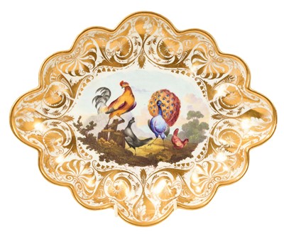 Lot 275 - Derby lobed oval dish, painted by Richard Dodson with birds, circa 1815