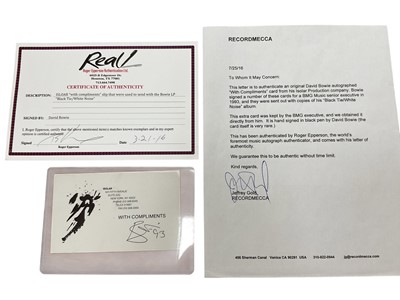Lot 1546 - Autographs David Bowie Isolar 'with compliments' slip, signed with certificate of authenticity by Roger Epperson Authentication Ltd, plus provenance