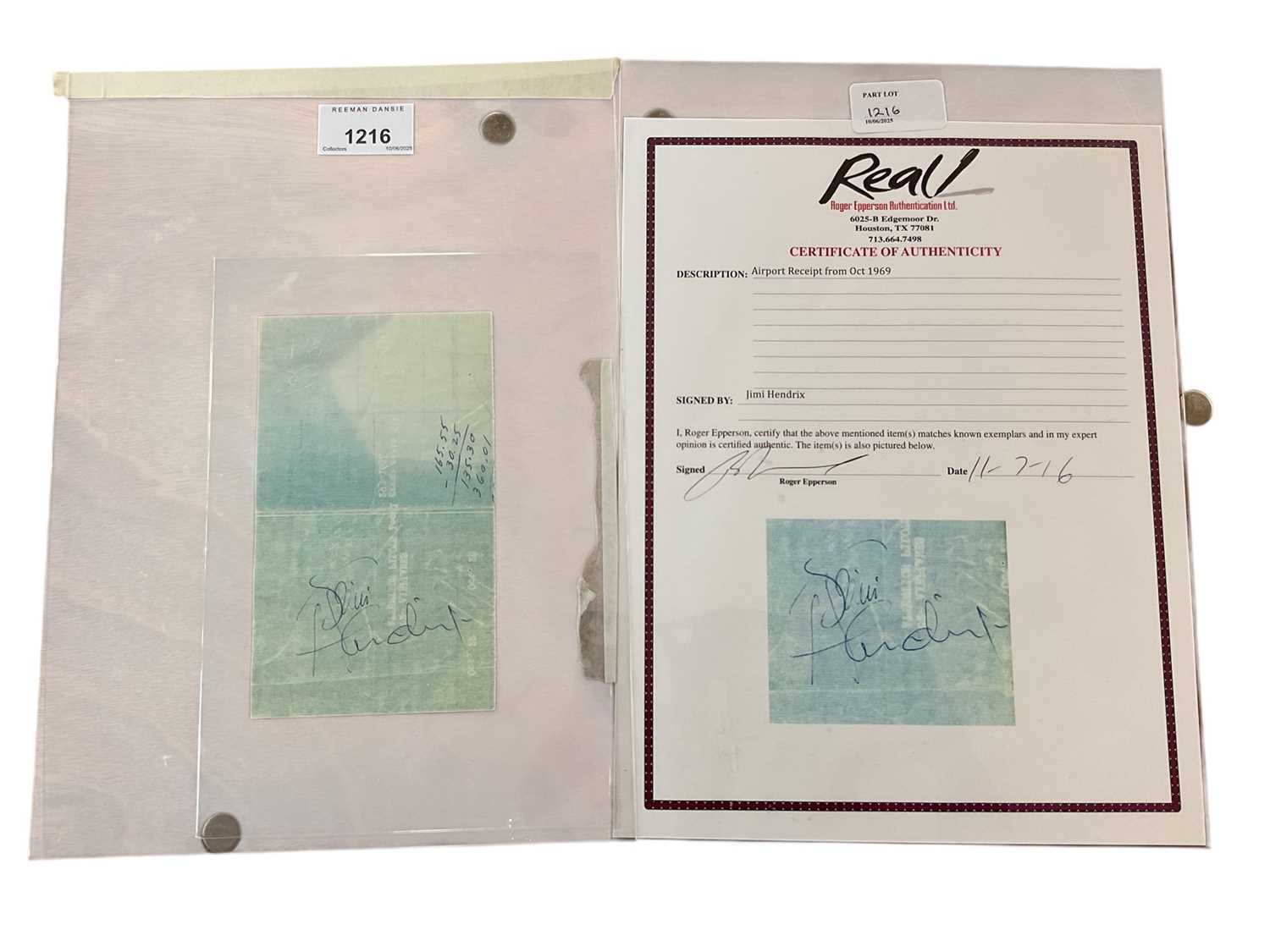 Lot 1216 - Autographs Jimi Hendrix signed airport receipt from Oct 1969 with certificate of authenticity by Roger Epperson Authentication Ltd