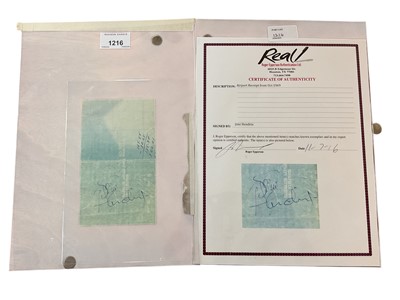 Lot 1216 - Autographs Jimi Hendrix signed airport receipt from Oct 1969 with certificate of authenticity by Roger Epperson Authentication Ltd