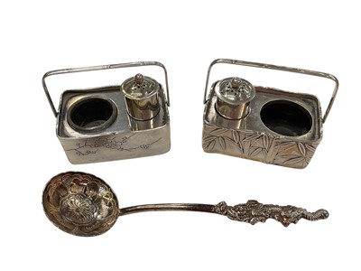 Lot 190 - Pair of Chinese silver condiments and a Japanese silver teaspoon engraved Nagasaki on the reverse of the bowl.