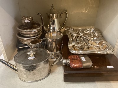 Lot 296 - Group of antique silver plated wares to include a pair of Regency Old Sheffield Plate coasters, Edwardian hip flask, set of fish knives and forks in oak box, Victorian teapot, entre dish and sun...