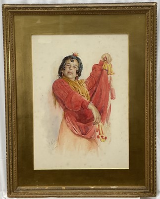 Lot 107 - Gaston Vuillier (1847-1915) watercolour - a female dancer, signed and inscribed Grenade, in glazed gilt frame, 55cm x 39cm