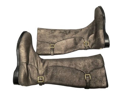 Lot 2094 - Jimmy Choo women's fur lined knee length boots Hematite course suede size 39 retailed at £525. Unworn in box with tissue paper. Box is in fair condition squashed and marked in places.