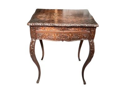Lot 1275 - Nineteenth century two drawer side table with leaf carved decoration on cabriole legs, 59.5cm wide, 46cm deep, 75cm high