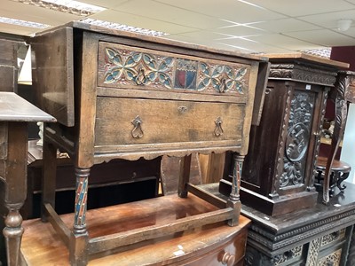 Lot 1278 - Seventeenth century style oak two drawer chest with drop flaps and painted decoration, 83.5cm wide, 45.5cm deep, 76.5cm high