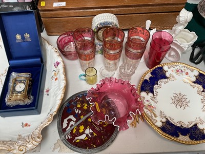 Lot 318 - Pair of Coalport plates with floral gilt decoration, Continental porcelain oval dish, ruby glass, Halcyon Days enamel clock, ornaments etc