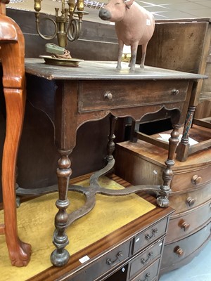 Lot 1280 - Antique oak side table with single drawer on turned supports joined by shaped stretchers, 82cm wide, 57cm deep, 72.5cm high