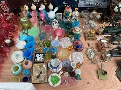 Lot 430 - Collection of Victorian coloured glass items, inkwells, trinket boxes, chamberstick and other items.