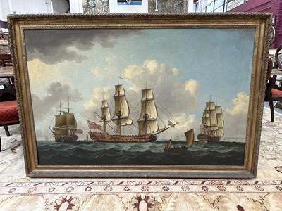 Lot 1206 - John Clevely (c.1712-1777) oil on canvas - An East Indiaman in Three Positions, signed and dated 1770, 92cm x 145cm, in gilt frame