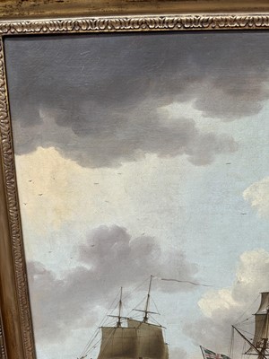 Lot 1206 - John Clevely (c.1712-1777) oil on canvas - An East Indiaman in Three Positions, signed and dated 1770, 92cm x 145cm, in gilt frame