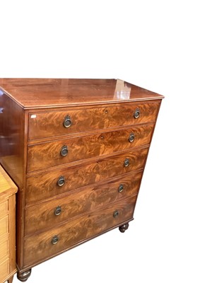 Lot 1283 - Victorian flame mahogany chest of five long drawers, 108cm wide, 53.5cm deep, 134cm high