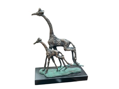 Lot 432 - Contemporary bronzed metal abstract sculpture of giraffes, 30cm in height.