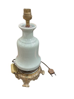 Lot 437 - Good quality Chinese celadon vase converted into a table lamp, on gilt metal base. 31cm overall.